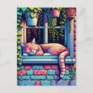Cartão Postal Gato Sonolento no Parapeito da Janela Arte de IA