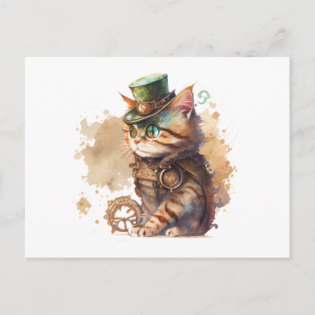 Cartão Postal Gato Steampunk Adorável e Fofo (Frente)