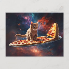 Cartão Postal Gato surfando pizza no cosmos