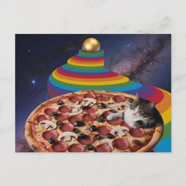 Cartão Postal Gato Surreal Dormindo numa Pizza (Frente)