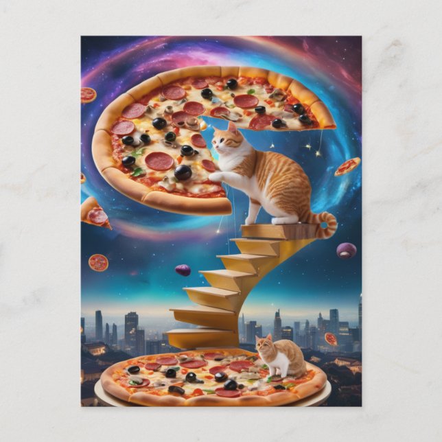 Cartão Postal Gato Surreal em escadas de Ouro de Pizza (Frente)