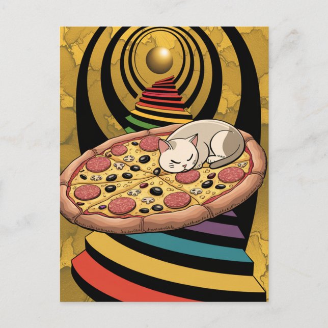 Cartão Postal Gato Surreal em Pizza Arco-Íris Escadas Douradas P (Frente)