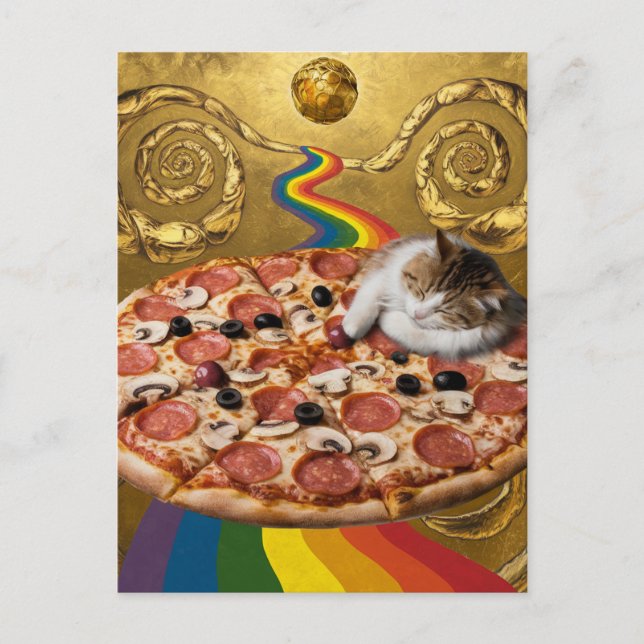 Cartão Postal Gato Surreal em um Fundo de Ouro de Pizza (Frente)