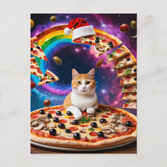 Cartão Postal Gato Surreal na Pizza Voadora Natal Festivo (Frente)