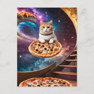 Cartão Postal Gato Surreal numa Pizza Voadora