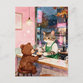 Cartão Postal Gato Tabby Aguarela Barista Servindo Urso