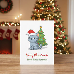 Cartão Postal Gato Tabby Cinza Mal-Humorado Chapéu Vermelho Árvo