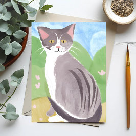 Cartão Postal Gato Tabby Cinza | Pintura em Aquarela