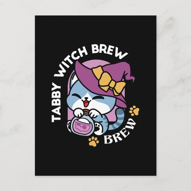 Cartão Postal Gato Tabby de Halloween – Chapéu de Bruxa e Arte d (Frente)