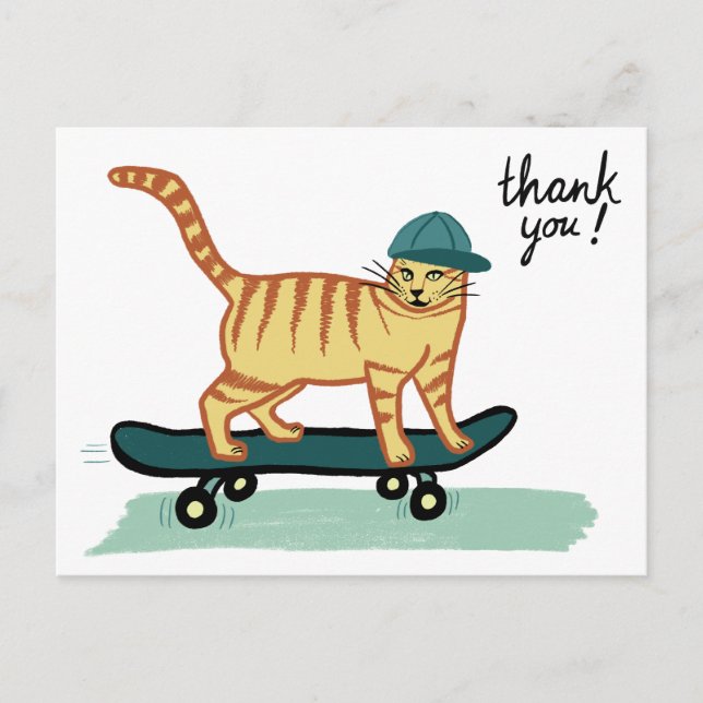 Cartão Postal Gato Tabby de Skate THANK YOU (Frente)