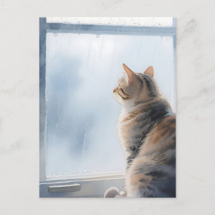Cartão Postal Gato Tabby em Aquarela na Janela Chuvosa