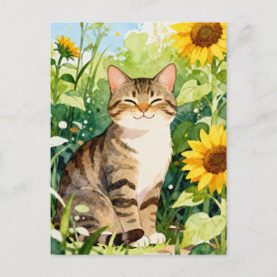 Cartão Postal Gato Tabby em Aquarela no Jardim de Girassóis