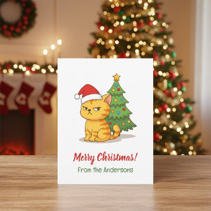Cartão Postal Gato Tabby Mal-Humorado Chapéu Vermelho Árvore de