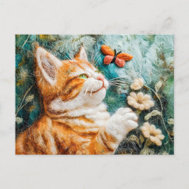 Cartão Postal Gato tentando pegar uma borboleta em um campo feit
