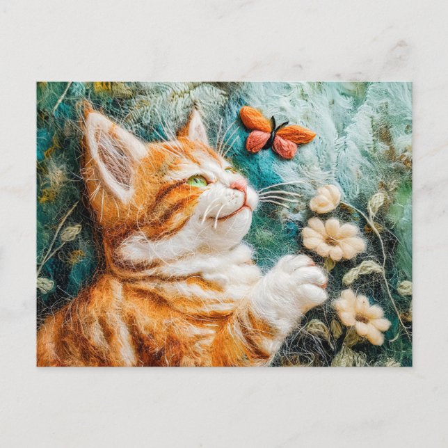 Cartão Postal Gato tentando pegar uma borboleta em um campo feit (Frente)