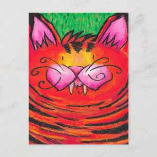 Cartão Postal Gato Tigre Feliz Fofo em Pastel a Óleo sobre Verde