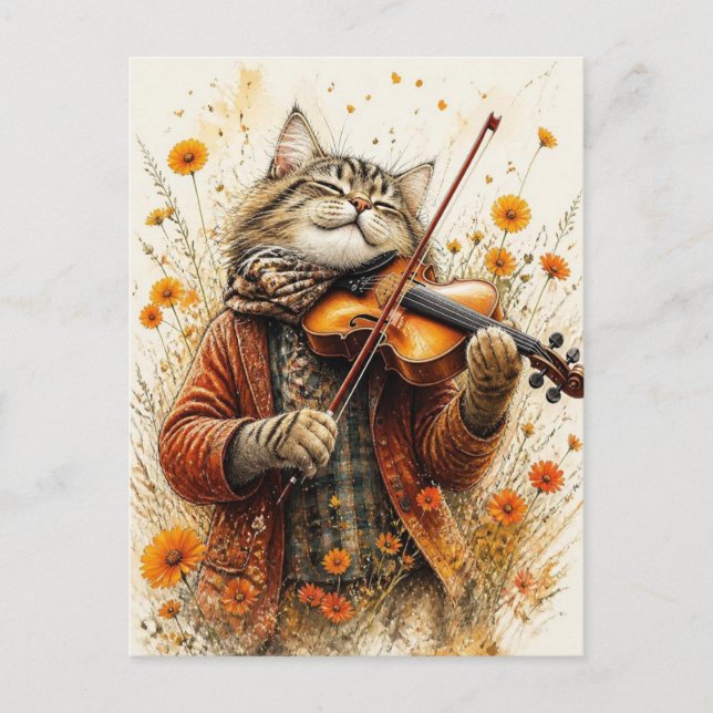 Cartão Postal Gato Tocando Violino (Frente)