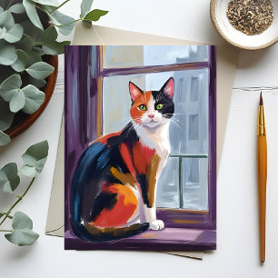 Cartão Postal Gato Tricolor Pet de Peitoril de Água-forte