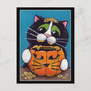 Cartão Postal Gato Tuxedo com Abóbora de Halloween