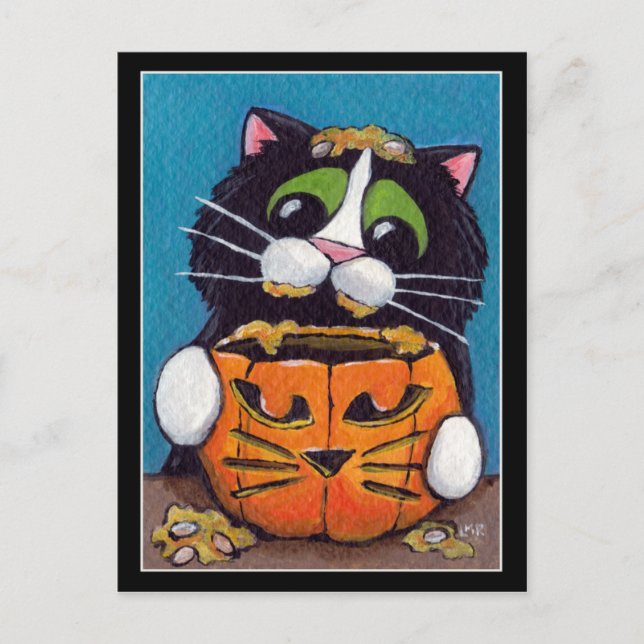 Cartão Postal Gato Tuxedo com Abóbora de Halloween (Frente)