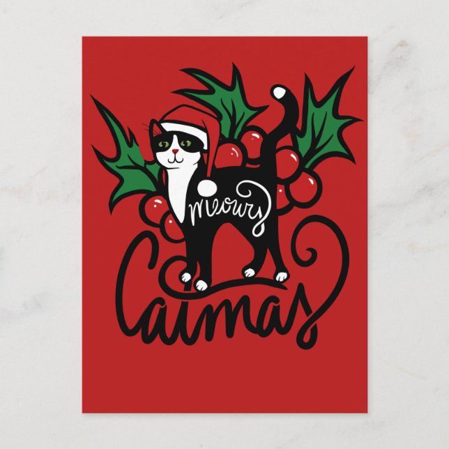 Cartão Postal Gato Tuxedo de Natal (Frente)