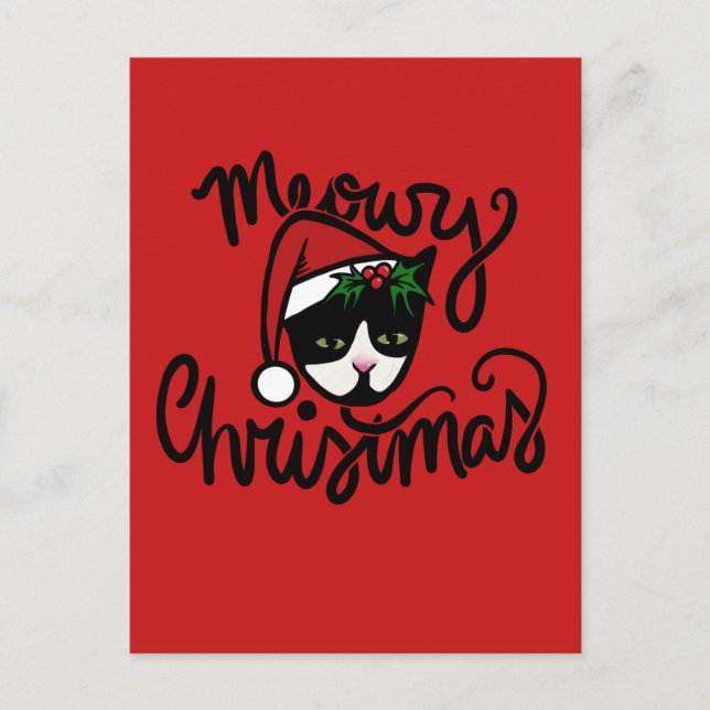Cartão Postal Gato Tuxedo de Natal (Frente)