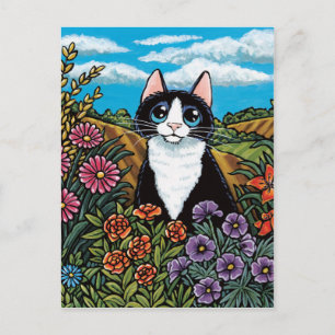 Cartão Postal Gato Tuxedo em Prado Flor