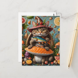 Cartão Postal Gato Vampiro Engraçado Com um Peixe em um Cogumelo