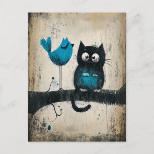 Cartão Postal Gato Whimsical e Pássaro em uma Ramificação