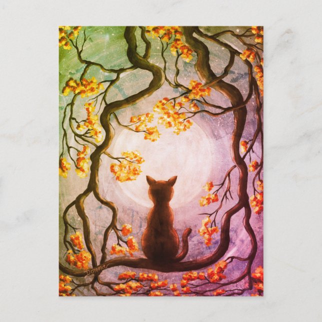 Cartão Postal Gato Whimsso em Árvore Pintura em Lua Cheia (Frente)
