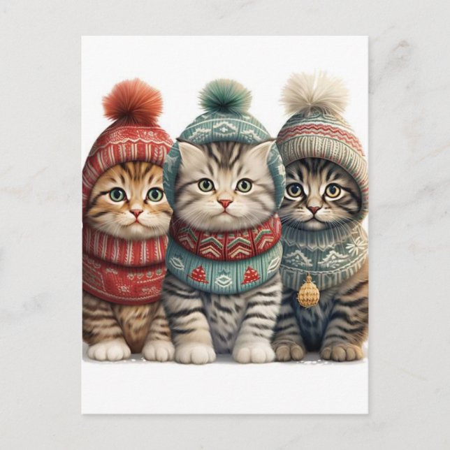 Cartão Postal Gatos Adoráveis com Roupas de Inverno Arte de IA (Frente)