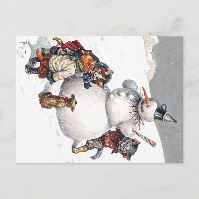 Cartão Postal Gatos Adoráveis Construindo Neve (Frente)