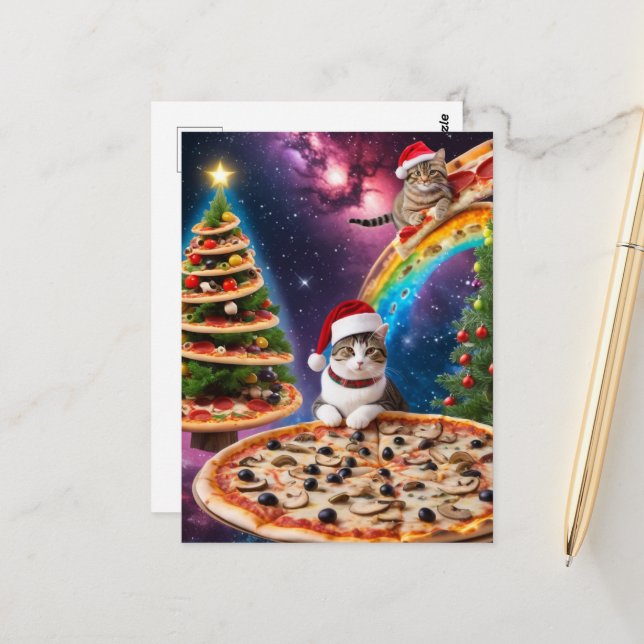 Cartão Postal Gatos Adoráveis de Pizza de Natal (Frente/Verso In Situ)