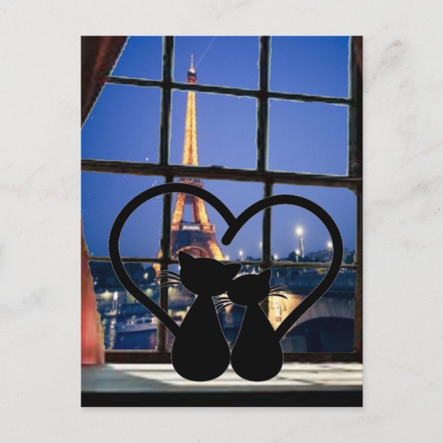 Cartão Postal gatos    apaixonados em paris (Frente)