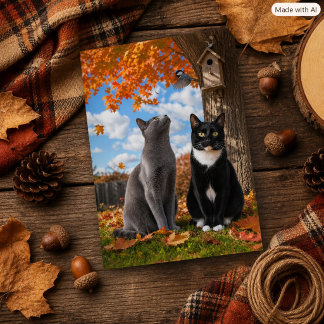 Cartão Postal Gatos Caprichosos de Outono & Chickadee Amante de 