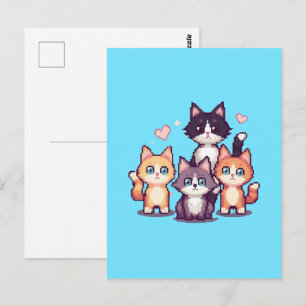 Cartão Postal Gatos Coloridos Pixelados Verde