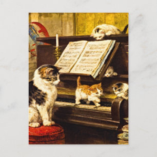 Cartão Postal Gatos de Aula de Piano Vitoriano Antigo Pintura 