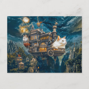 Cartão Postal Gatos de castelo voador Noite Steampunk