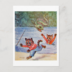 Cartão Postal Gatos de desenho animado de Louis Wain e os peixes