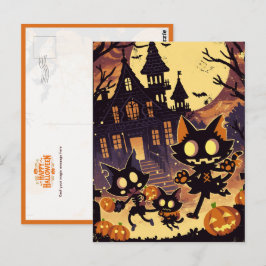 Cartão Postal Gatos de Halloween pela Casa Assombrada