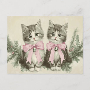 Cartão Postal Gatos de Natal Vintage com Laços Rosa