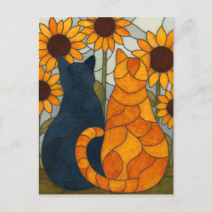 Cartão Postal Gatos de Vidro Colorido e Design de Arte de Girass