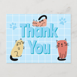Cartão Postal Gatos Desenhados Azul Obrigado 