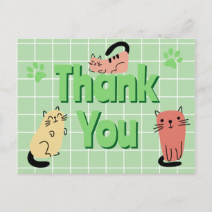 Cartão Postal Gatos Doodle Verde Obrigado