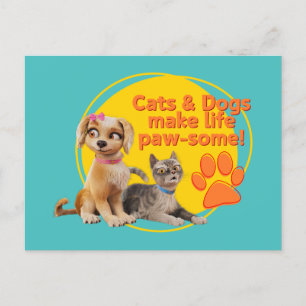 Cartão Postal Gatos e Cachorros Fazem Vida Paw-some!