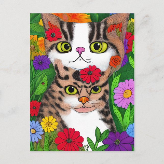 Cartão Postal Gatos e Flores de Arte Folical Whimsical (Frente)