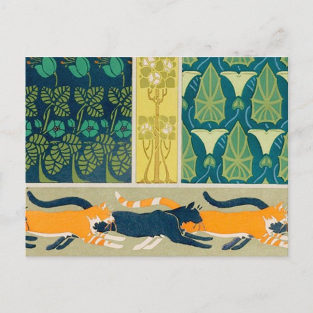 Cartão Postal Gatos e flores de Nouveau da arte (Frente)