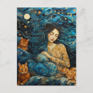 Cartão Postal Gatos e uma mulher adormecida na noite estrelada