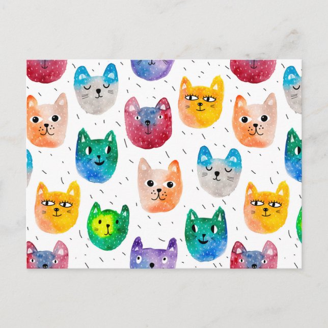 Cartão Postal Gatos em aquarela e amigos (Frente)