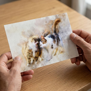 Cartão Postal Gatos em Aquarela Se Aconchegando em Arte Abstrata